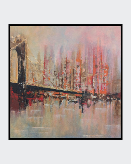 Quadratisches Acrylgemälde (50×50 cm): abstrahierte Hängebrücke links vor vertikal verwaschener Skyline; warme Rosé‑, Orange‑ und Beigetöne mit weichen Reflexionen.