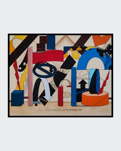 "Acrylgemälde 'Ohne Gleichen 2' von Smillya Dartsch. Eine geometrische Komposition mit einer Vielzahl von farbigen Formen und Linien. Das Bild zeigt eine Mischung aus Rechtecken, Kreisen, Pfeilen und einem Schmetterling, die in lebhaften Farben auf einem hellen Hintergrund angeordnet sind. Das Gemälde hat eine seichte, unterschiedlich ausgeprägte Struktur und ist mit einem Schattenfugenrahmen versehen. Maße: 84x104 cm."