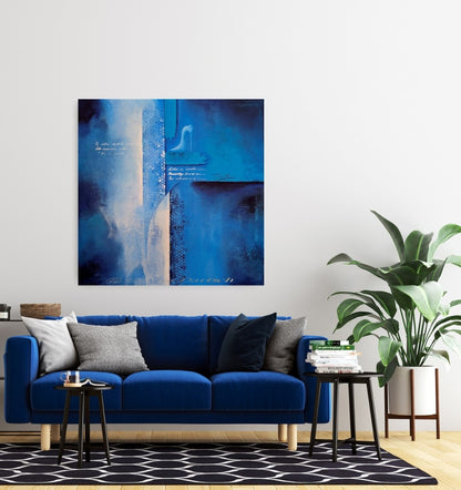 „PERFEKT UNPERFEKT“ von Smillya Dartsch: abstraktes Acrylgemälde in Blautönen mit strukturierten Flächen, angedeuteter Schrift und stilisiertem High Heel.