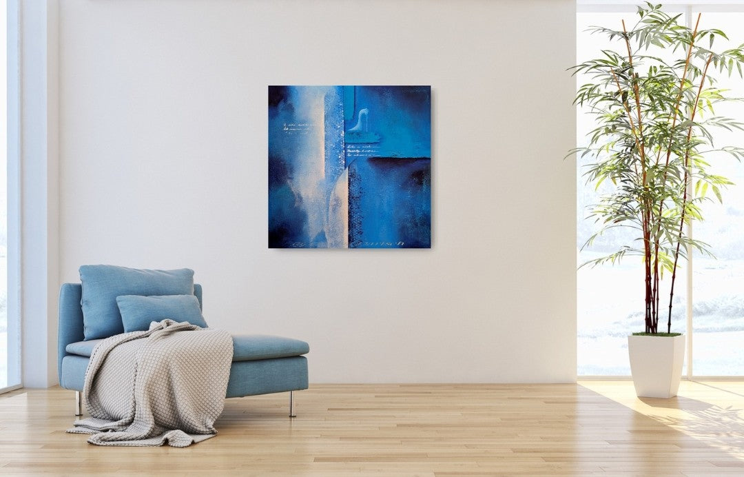 „PERFEKT UNPERFEKT“ von Smillya Dartsch: abstraktes Acrylgemälde in Blautönen mit strukturierten Flächen, angedeuteter Schrift und stilisiertem High Heel.