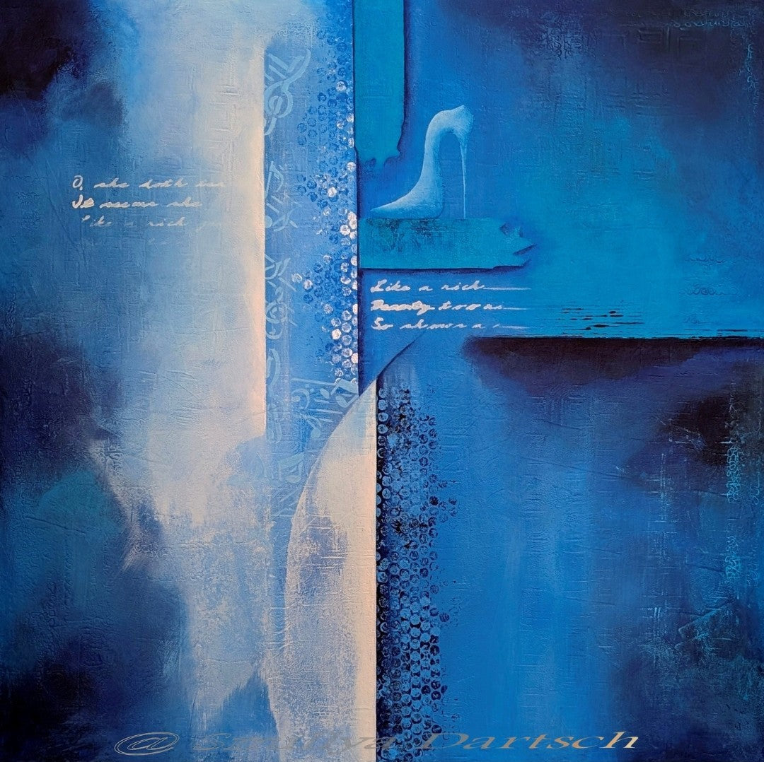 „PERFEKT UNPERFEKT“ von Smillya Dartsch: abstraktes Acrylgemälde in Blautönen mit strukturierten Flächen, angedeuteter Schrift und stilisiertem High Heel.