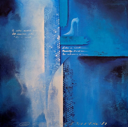 „PERFEKT UNPERFEKT“ von Smillya Dartsch: abstraktes Acrylgemälde in Blautönen mit strukturierten Flächen, angedeuteter Schrift und stilisiertem High Heel.
