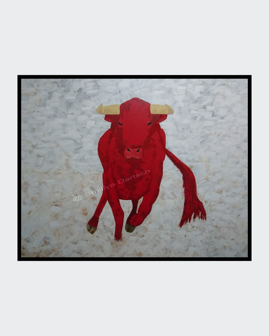 Quadratisches Acrylgemälde: frontal zulaufender roter Stier mit hellen Hörnern auf hellem, pastos strukturiertem Grund; klare Kontur, minimaler Hintergrund.