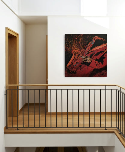 Quadratisches Acrylgemälde (80×80 cm): dynamische Figur mit Saxophon, warme Rot‑/Orangetöne und tiefes Braun; explosive Farbspritzer als „Klangwellen“, strukturierte Oberfläche.