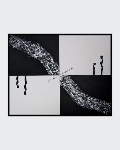 Schwarz‑weißes Acrylgemälde (80×100 cm) mit vier Feldern: diagonaler, weiß gespritzter „Faden“ von links oben nach rechts unten; links hängende schwarze Bänder, rechts zwei abstrahierte Figuren.