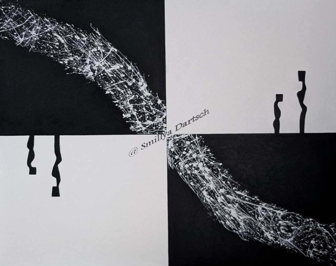 Schwarz‑weißes Acrylgemälde (80×100 cm) mit vier Feldern: diagonaler, weiß gespritzter „Faden“ von links oben nach rechts unten; links hängende schwarze Bänder, rechts zwei abstrahierte Figuren.