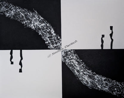 Schwarz‑weißes Acrylgemälde (80×100 cm) mit vier Feldern: diagonaler, weiß gespritzter „Faden“ von links oben nach rechts unten; links hängende schwarze Bänder, rechts zwei abstrahierte Figuren.