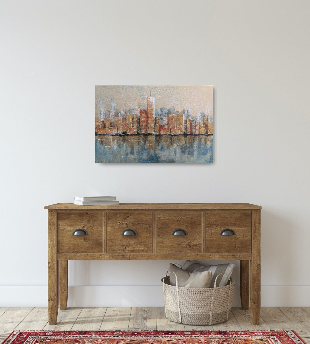 Acrylgemälde 'Skyline' von Smillya Dartsch. Eine stilisierte Darstellung einer Stadt-Skyline mit hohen Gebäuden, die sich im Wasser spiegeln. Die Gebäude sind in warmen Braun- und Rottönen gehalten, während das Wasser in kühlen Blau- und Grautönen dargestellt ist. Das Gemälde ist mit einem Glanzfirnis versiegelt. Maße: 40x60 cm.