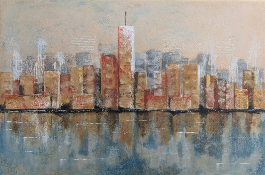 Acrylgemälde 'Skyline' von Smillya Dartsch. Eine stilisierte Darstellung einer Stadt-Skyline mit hohen Gebäuden, die sich im Wasser spiegeln. Die Gebäude sind in warmen Braun- und Rottönen gehalten, während das Wasser in kühlen Blau- und Grautönen dargestellt ist. Das Gemälde ist mit einem Glanzfirnis versiegelt. Maße: 40x60 cm.