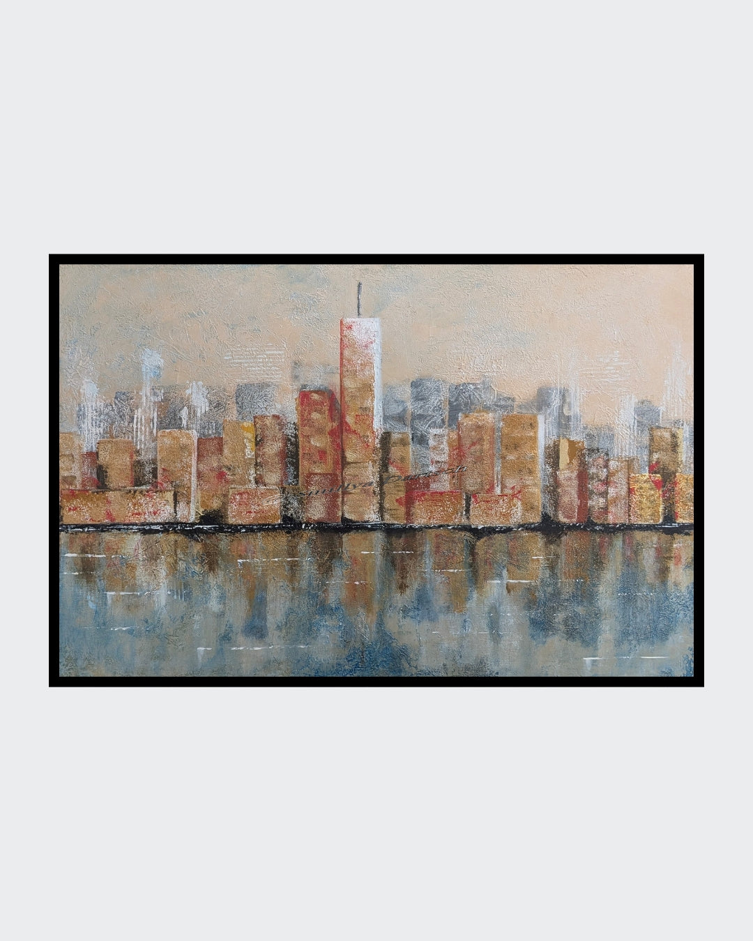Acrylgemälde 'Skyline' von Smillya Dartsch. Eine stilisierte Darstellung einer Stadt-Skyline mit hohen Gebäuden, die sich im Wasser spiegeln. Die Gebäude sind in warmen Braun- und Rottönen gehalten, während das Wasser in kühlen Blau- und Grautönen dargestellt ist. Das Gemälde ist mit einem Glanzfirnis versiegelt. Maße: 40x60 cm.