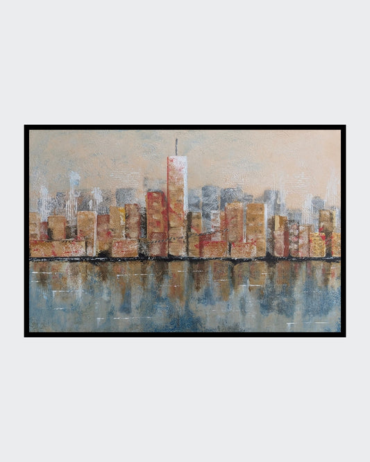 Acrylgemälde 'Skyline' von Smillya Dartsch. Eine stilisierte Darstellung einer Stadt-Skyline mit hohen Gebäuden, die sich im Wasser spiegeln. Die Gebäude sind in warmen Braun- und Rottönen gehalten, während das Wasser in kühlen Blau- und Grautönen dargestellt ist. Das Gemälde ist mit einem Glanzfirnis versiegelt. Maße: 40x60 cm.