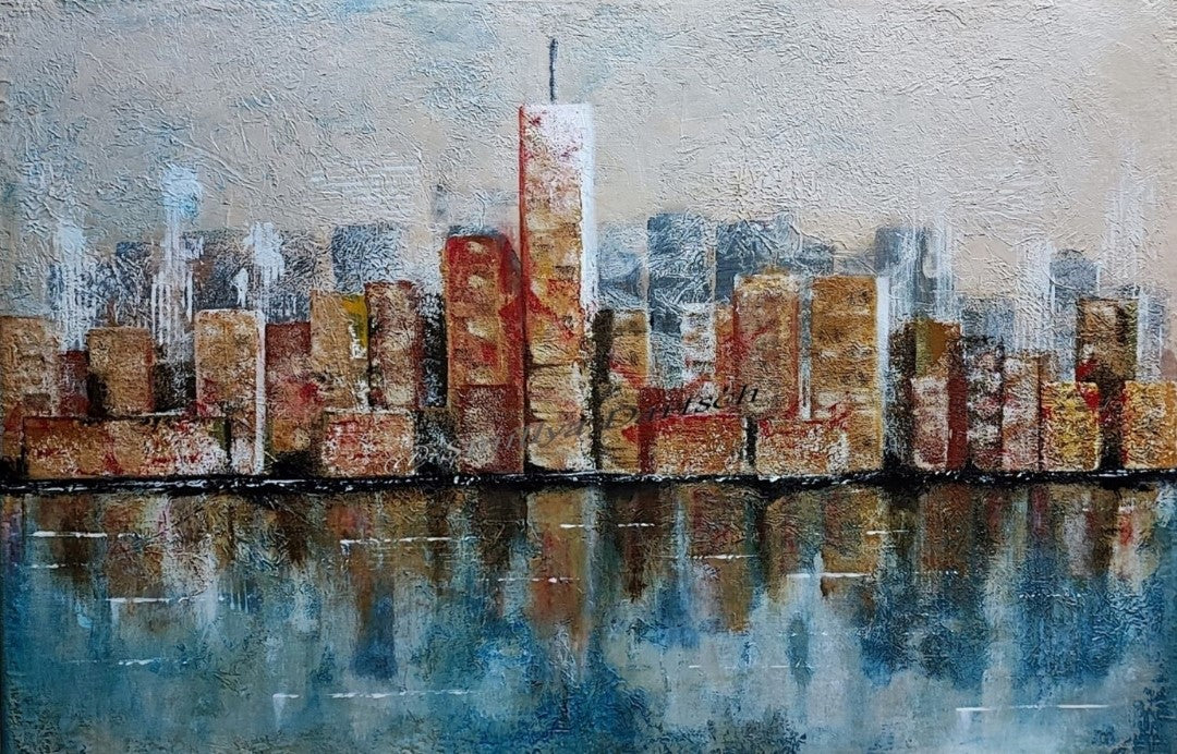 Acrylgemälde 'Skyline' von Smillya Dartsch. Eine stilisierte Darstellung einer Stadt-Skyline mit hohen Gebäuden, die sich im Wasser spiegeln. Die Gebäude sind in warmen Braun- und Rottönen gehalten, während das Wasser in kühlen Blau- und Grautönen dargestellt ist. Das Gemälde ist mit einem Glanzfirnis versiegelt. Maße: 40x60 cm.