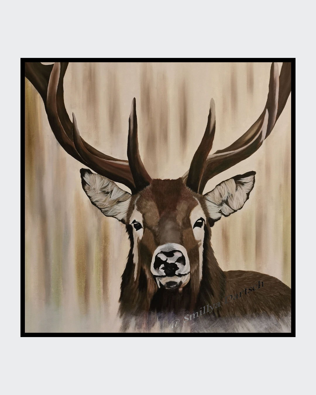 Quadratisches Acrylgemälde (80×80 cm): frontales Hirsch‑Portrait mit ausladendem Geweih vor weichem, vertikal verlaufendem Beige‑/Braun‑Hintergrund; ruhige, klare Anmutung.