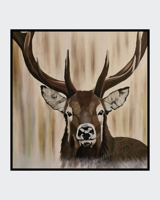 Quadratisches Acrylgemälde (80×80 cm): frontales Hirsch‑Portrait mit ausladendem Geweih vor weichem, vertikal verlaufendem Beige‑/Braun‑Hintergrund; ruhige, klare Anmutung.