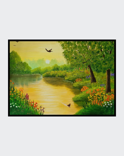 Gemälde "Sommerabend" von Lisa Tahar. Öl auf Leinwand, 50x70 cm. Zeigt eine Sommerabendlandschaft mit einem Fluss, Vegetation und fliegenden Vögeln.