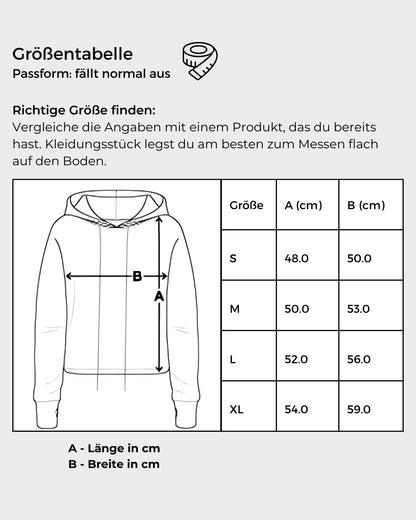 Größentabelle für: Ein kurz geschnittener, grauer Hoodie mit überschnittenen Schultern. Extralange Bündchen mit Daumenloch und eine bedruckte Kunstgrafik auf der Vorderseite. Mode von Soulfashion.