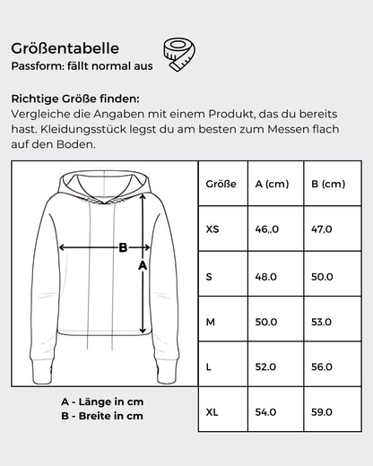 Größentabelle für: Ein kurz geschnittener, rosafarbener Hoodie mit überschnittenen aSchultern. Extralange Bündchen mit Daumenloch und eine bedruckte Kunstgrafik auf der Vorderseite. Mode von Soulfashion.