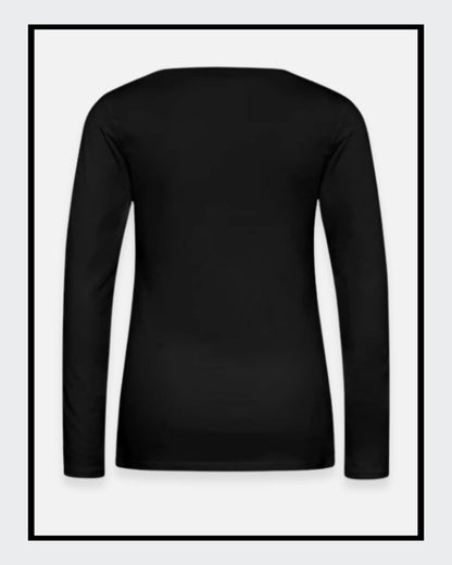 Rückseite von: Ein schwarzes Langarmshirt mit einem Kunstwerk auf der Vorderseite. Das Motiv zeigt ein stilisiertes Gesicht, halb menschlich, halb futuristisch, mit der gelb-grünen Botschaft „Ich bin so 'PERFEKT' wie ich will“. 