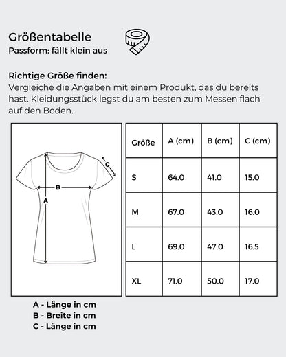 Größentabelle: Schwarzes T-Shirt mit einem Druckbild. Das Bild zeigt einen Totenkopf und eine Frau. Über dem Bild steht das Wort "NEIN" und daneben der Text "Kann ein ganzer Satz sein". 