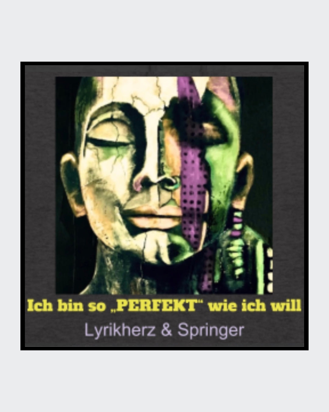 Ein anthrazitfarbener Unisex-Hoodie mit Kängurutasche und Kapuze. Auf der Vorderseite ist ein Kunstwerk gedruckt: Es zeigt ein abstrakt gestaltetes Gesicht, das halb modern, halb klassisch wirkt. 