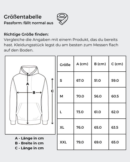 Größentabelle von: Ein nebelblauer Unisex-Hoodie mit einer Kängurutasche und Kapuze. Auf der Vorderseite ist ein Kunstwerk aufgedruckt: Es zeigt eine stilisierte Frau mit Brille in Collagen-Optik, begleitet von Text in Gelb und Rot. Fashionmode von Soulfashion.