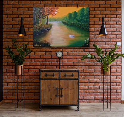 Gemälde "Spätsommer" von Lisa Tahar. Öl auf Leinwand, 50x70 cm. Zeigt eine Spätsommerlandschaft mit einem Fluss, einem Schwan und warmen Farbtönen.