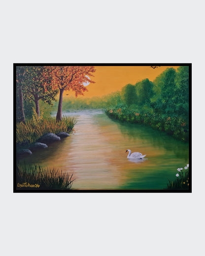 Gemälde "Spätsommer" von Lisa Tahar. Öl auf Leinwand, 50x70 cm. Zeigt eine Spätsommerlandschaft mit einem Fluss, einem Schwan und warmen Farbtönen.