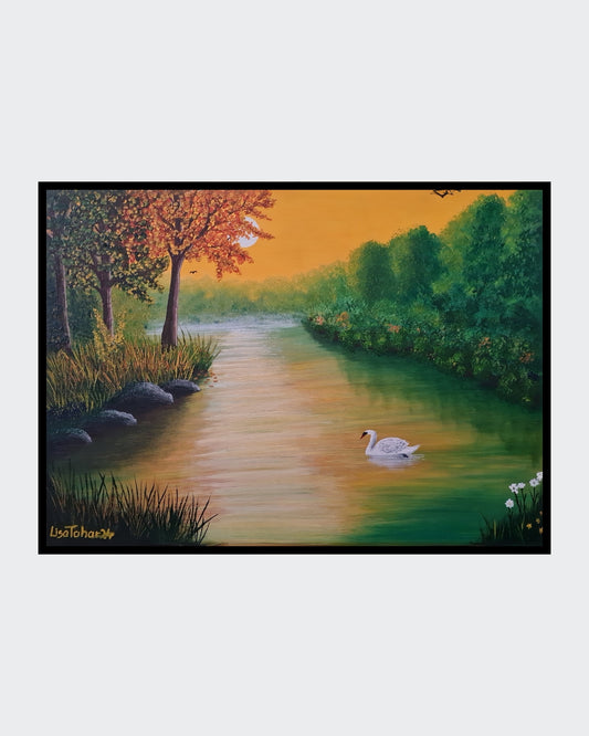 Gemälde "Spätsommer" von Lisa Tahar. Öl auf Leinwand, 50x70 cm. Zeigt eine Spätsommerlandschaft mit einem Fluss, einem Schwan und warmen Farbtönen.
