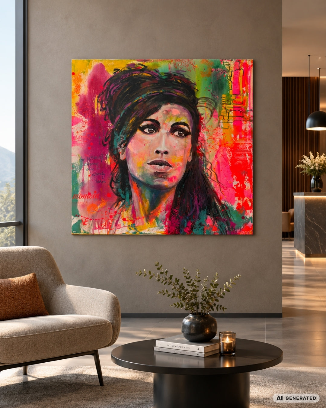 Expressives Acrylporträt mit markanten schwarzen Konturen und intensiven Farbflächen in Türkis, Orange, Pink und Rot auf quadratischer Leinwand.