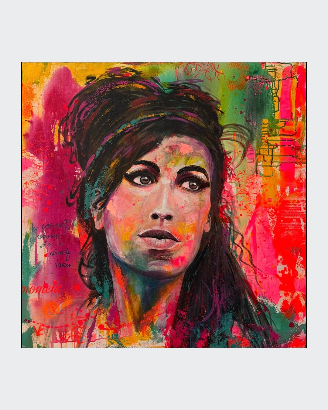 Expressives Acrylporträt mit markanten schwarzen Konturen und intensiven Farbflächen in Türkis, Orange, Pink und Rot auf quadratischer Leinwand.