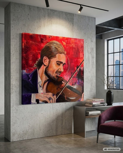 Expressives Acrylporträt „David Garrett“ von Susann Versteegen mit Geige, warmen Haut- und Holztönen und leuchtend rotem strukturiertem Hintergrund.