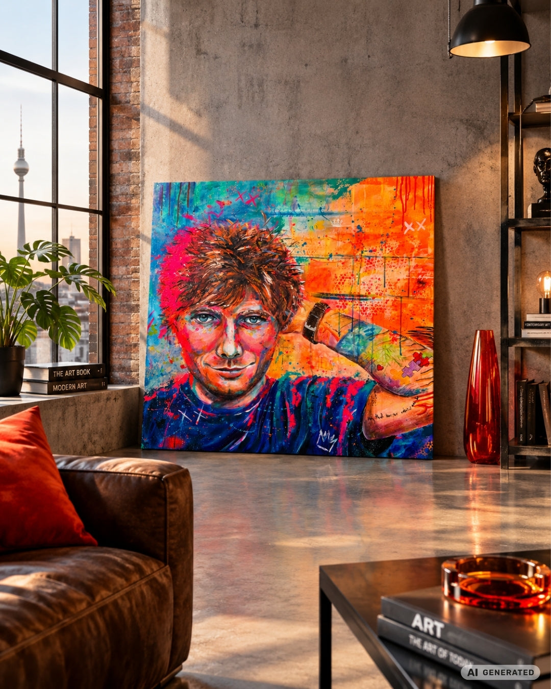 Expressives Acrylporträt „Ed Sheeran“ von Susann Versteegen mit direktem Blick und leuchtenden Blau-, Türkis-, Pink-, Orange- und Neontönen.
