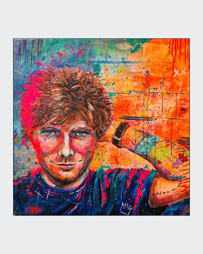 Expressives Acrylporträt „Ed Sheeran“ von Susann Versteegen mit direktem Blick und leuchtenden Blau-, Türkis-, Pink-, Orange- und Neontönen.