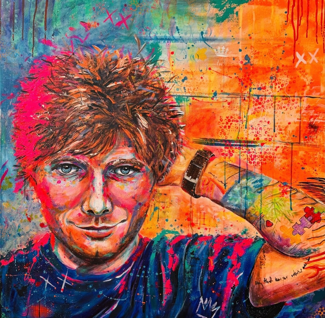 Expressives Acrylporträt „Ed Sheeran“ von Susann Versteegen mit direktem Blick und leuchtenden Blau-, Türkis-, Pink-, Orange- und Neontönen.