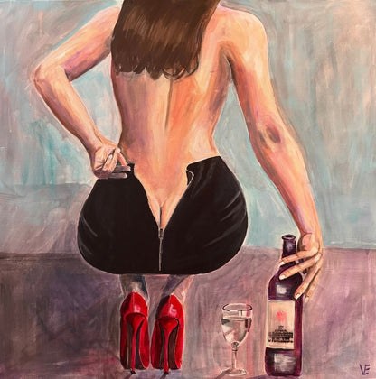 Figurative Acrylmalerei „Geheimnis“ von Susann Versteegen mit einer bekleideten Rückenfigur und Gegenständen in Rot, Schwarz, Orange, Braun und Grau.