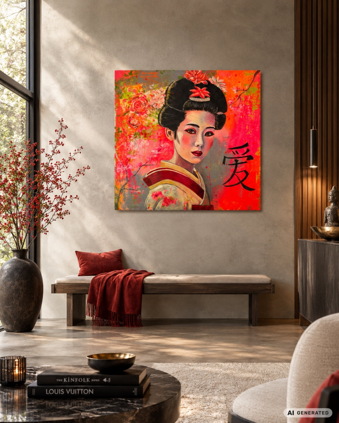 Porträt "Geisha" von Susann Versteegen (ARTSPACER). Eine Frau mit traditioneller Frisur vor einem leuchtenden, neon-pinken und grau-grünen, abstrakten Hintergrund, akzentuiert durch ein schwarzes Kanji-Schriftzeichen.
