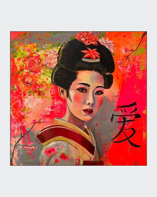 Porträt "Geisha" von Susann Versteegen (ARTSPACER). Eine Frau mit traditioneller Frisur vor einem leuchtenden, neon-pinken und grau-grünen, abstrakten Hintergrund, akzentuiert durch ein schwarzes Kanji-Schriftzeichen.