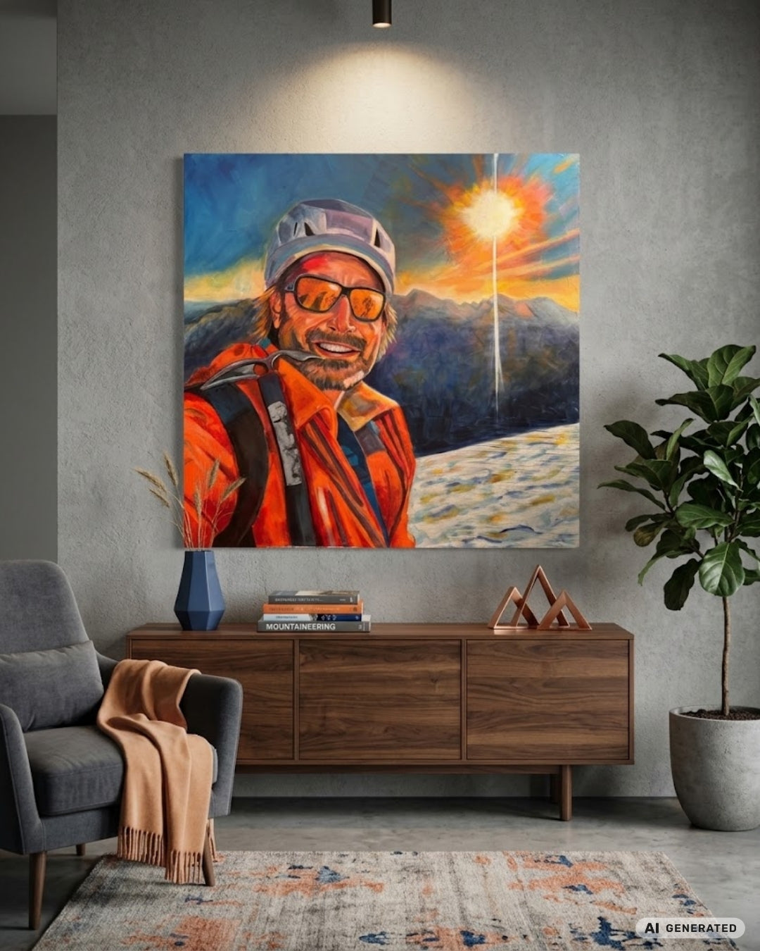 Expressive Acrylmalerei „Gipfelstürmer“ von Susann Versteegen mit einer Bergsteigerfigur vor abstrakter Gebirgslandschaft in Blau, Türkis, Grau, Orange und Rot.