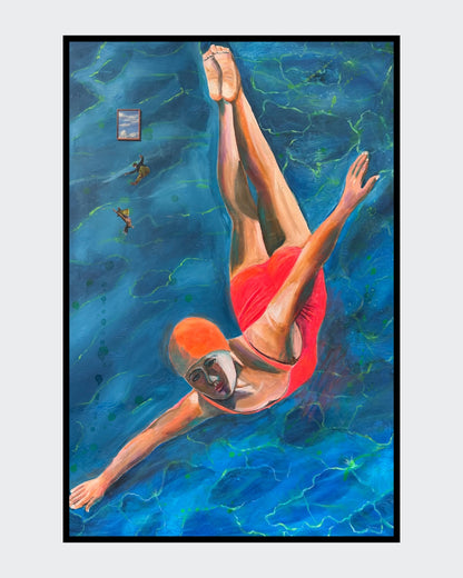 Acrylgemälde "Himmelstanz" von Susann Versteegen (ARTSPACER). Eine Person in rotem Badeanzug taucht mit ausgestreckten Armen und Beinen in leuchtend blaues, strukturiertes Wasser. Surrealistische Elemente sind im Hintergrund zu sehen.