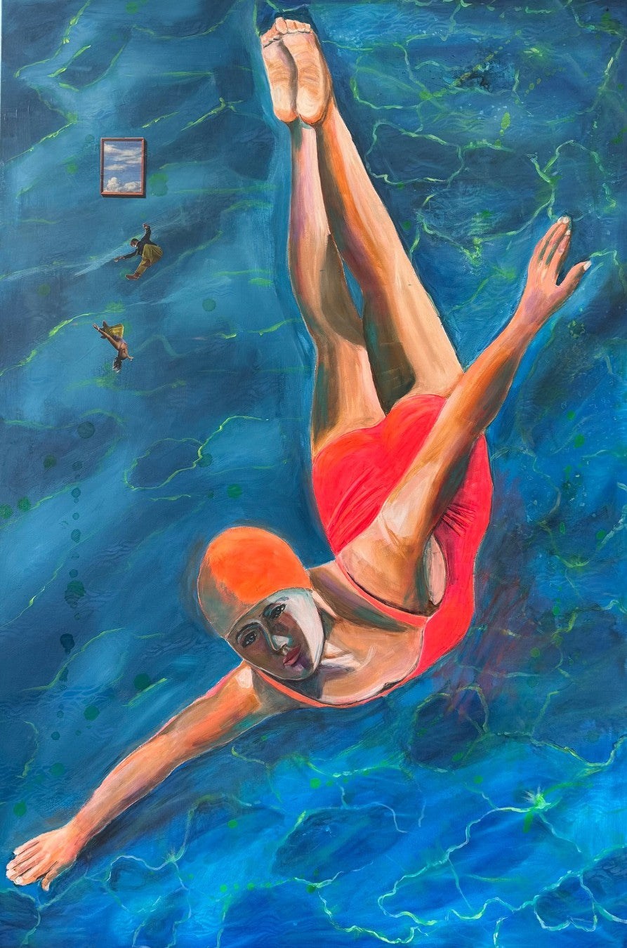 Acrylgemälde "Himmelstanz" von Susann Versteegen (ARTSPACER). Eine Person in rotem Badeanzug taucht mit ausgestreckten Armen und Beinen in leuchtend blaues, strukturiertes Wasser. Surrealistische Elemente sind im Hintergrund zu sehen.