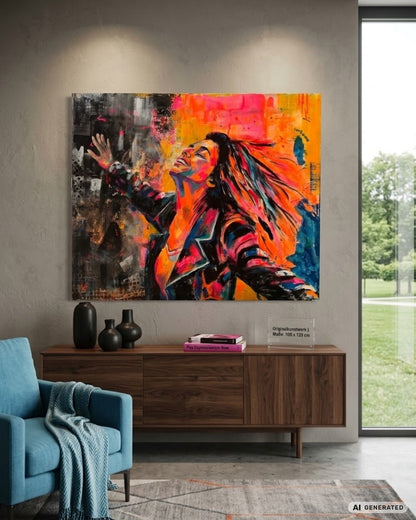 Expressiv-figurative Acrylmalerei „Lebensrausch“ von Susann Versteegen mit einer aufgerichteten Figur, ausgebreiteten Armen und leuchtenden Rot-, Gelb-, Orange- und Blautönen.