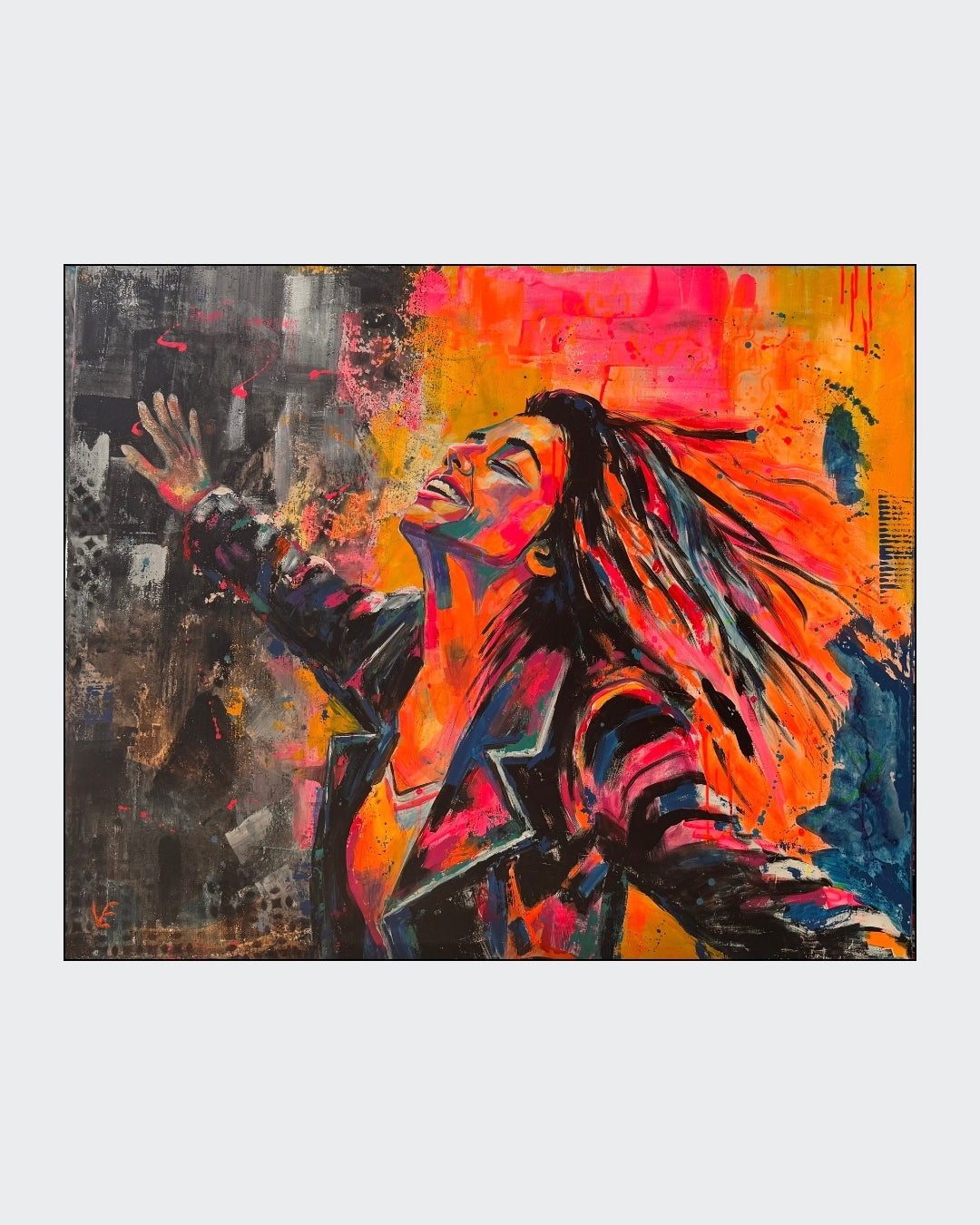 Expressiv-figurative Acrylmalerei „Lebensrausch“ von Susann Versteegen mit einer aufgerichteten Figur, ausgebreiteten Armen und leuchtenden Rot-, Gelb-, Orange- und Blautönen.