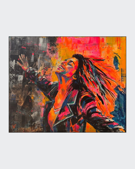 Expressiv-figurative Acrylmalerei „Lebensrausch“ von Susann Versteegen mit einer aufgerichteten Figur, ausgebreiteten Armen und leuchtenden Rot-, Gelb-, Orange- und Blautönen.
