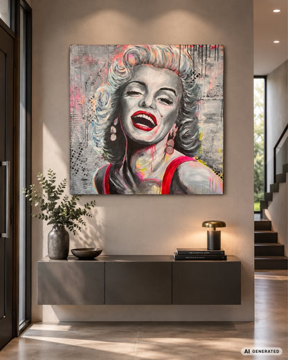Expressives Acrylporträt mit kontrastreichen Schwarz-, Weiß- und Grauflächen, roten Akzenten und leuchtenden Neonfarben auf quadratischer Leinwand.
