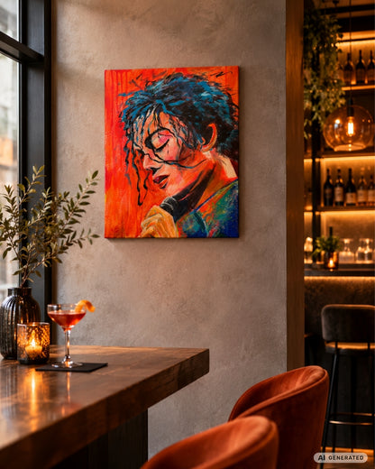 Expressives Acrylporträt „Michael – King of Pop“ von Susann Versteegen mit einer dynamischen Bühnenpose in Rot, Gelb, Orange, Blau und Neonfarben.