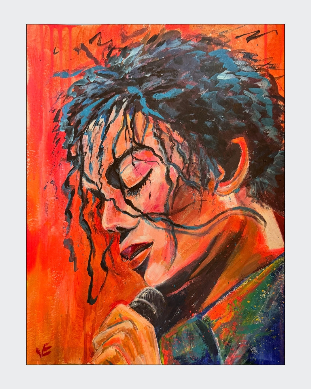 Expressives Acrylporträt „Michael – King of Pop“ von Susann Versteegen mit einer dynamischen Bühnenpose in Rot, Gelb, Orange, Blau und Neonfarben.