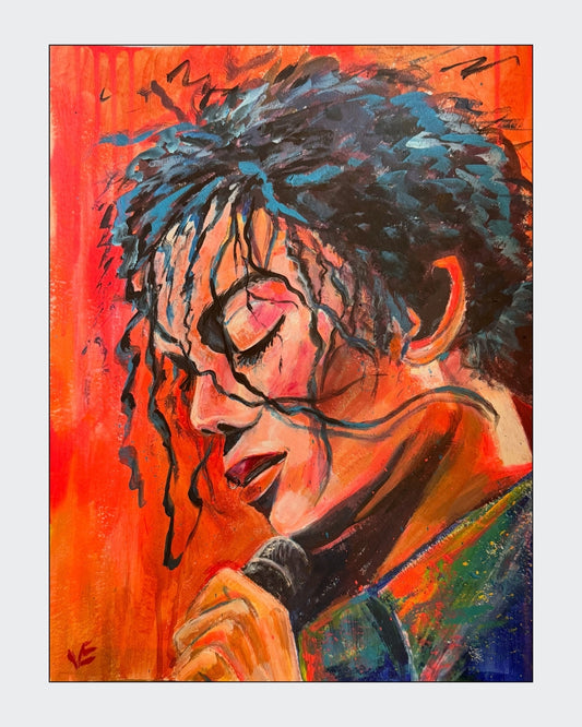 Expressives Acrylporträt „Michael – King of Pop“ von Susann Versteegen mit einer dynamischen Bühnenpose in Rot, Gelb, Orange, Blau und Neonfarben.