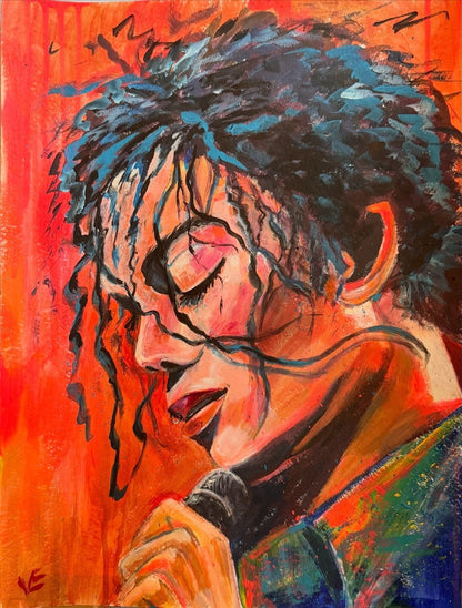 Expressives Acrylporträt „Michael – King of Pop“ von Susann Versteegen mit einer dynamischen Bühnenpose in Rot, Gelb, Orange, Blau und Neonfarben.
