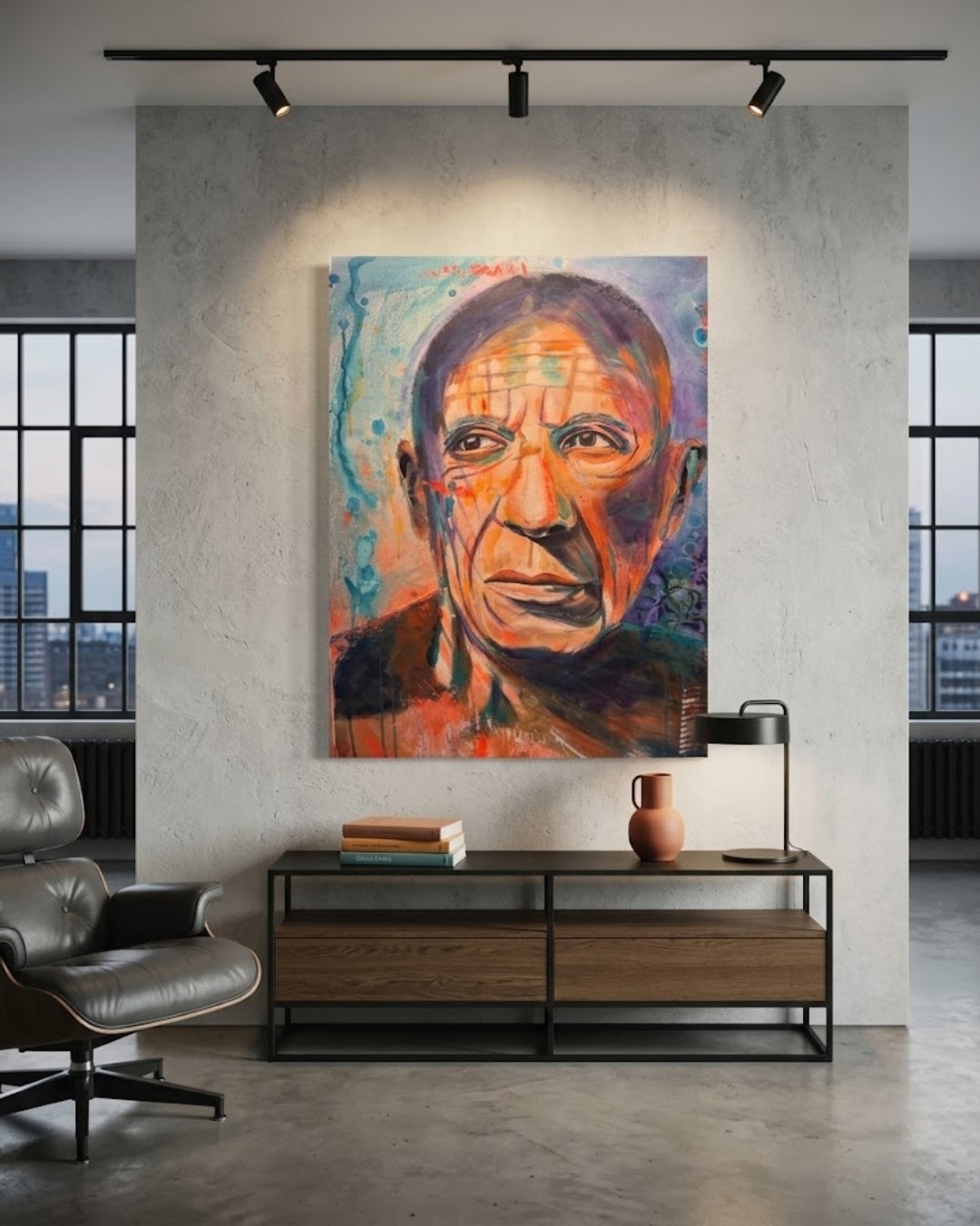 Expressives Acrylporträt „Picasso“ von Susann Versteegen mit markanten Gesichtszügen in Blau, Türkis, Orange und Grau, präsentiert im Holzrahmen.