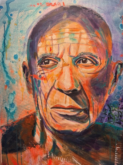 Expressives Acrylporträt „Picasso“ von Susann Versteegen mit markanten Gesichtszügen in Blau, Türkis, Orange und Grau, präsentiert im Holzrahmen.
